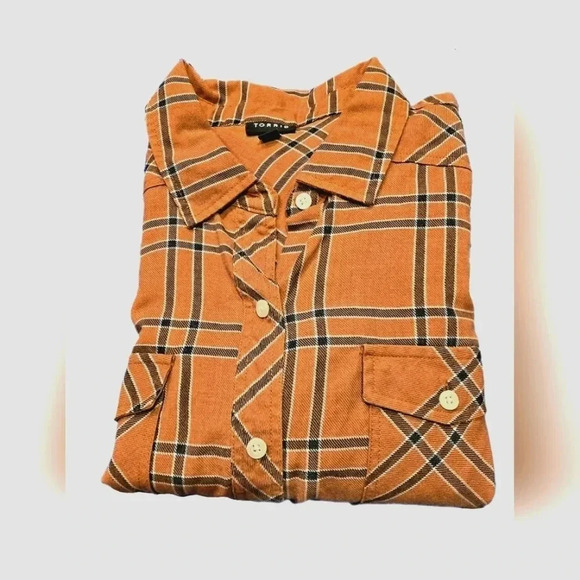 Torrid, Size XL, Dusty Orange Plaid Twill Button-Up Shirt - Picture 5 of 9